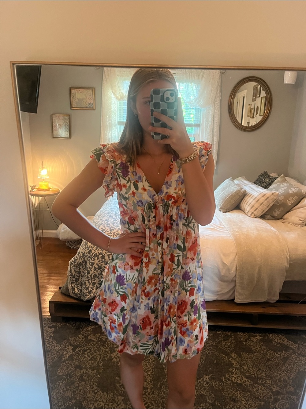 Flutter Sleeve Floral Mini Dress - Multicolor